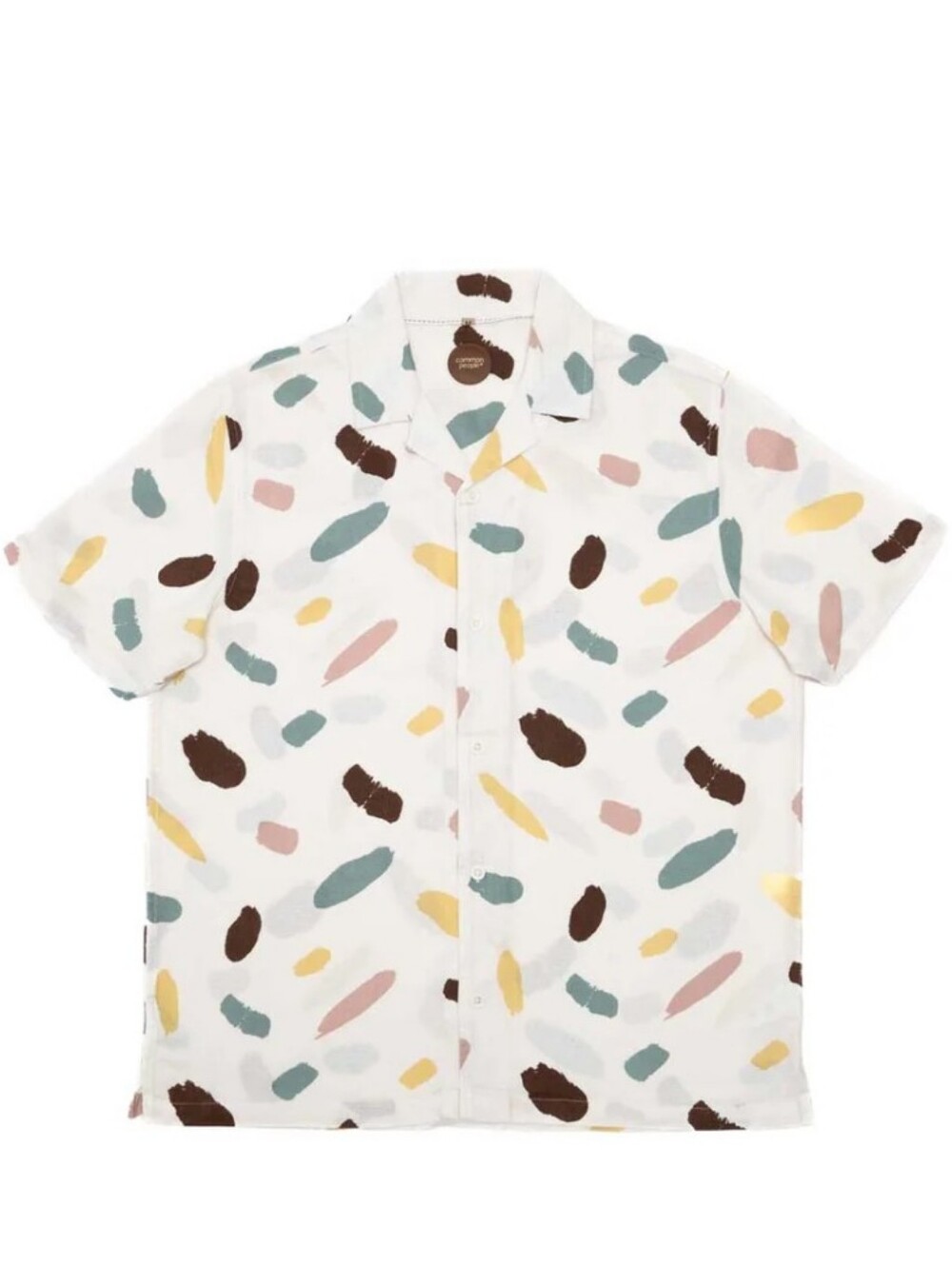 Common People Men's Short Sleeve Button Up 100% Cotton Cream w Splatter Small